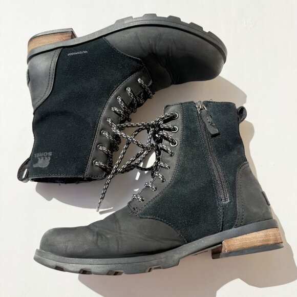 Sorel Emelie Black Combat Waterproof Ankle Boots - Picture 2 of 10